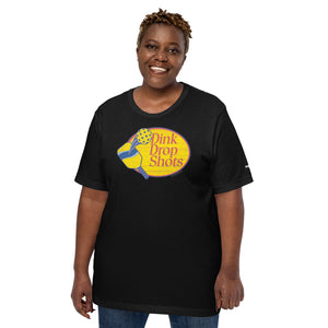 smiling plus sized woman wearing black dink drop shots pickleball apparel shirt bass pro shops inspired front view