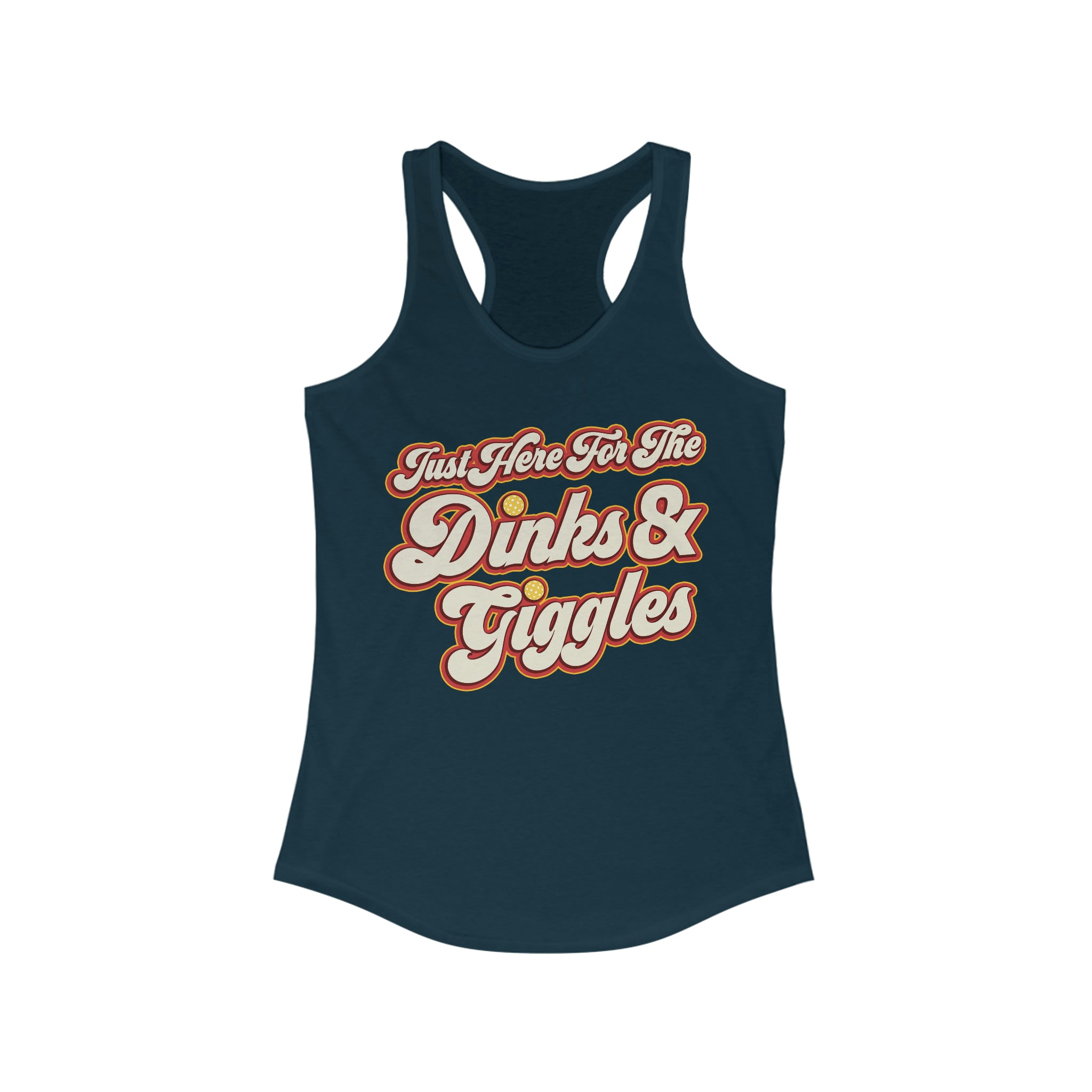 indigo blue just here for the dinks and giggles women's racerback tank top pickleball apparel front view