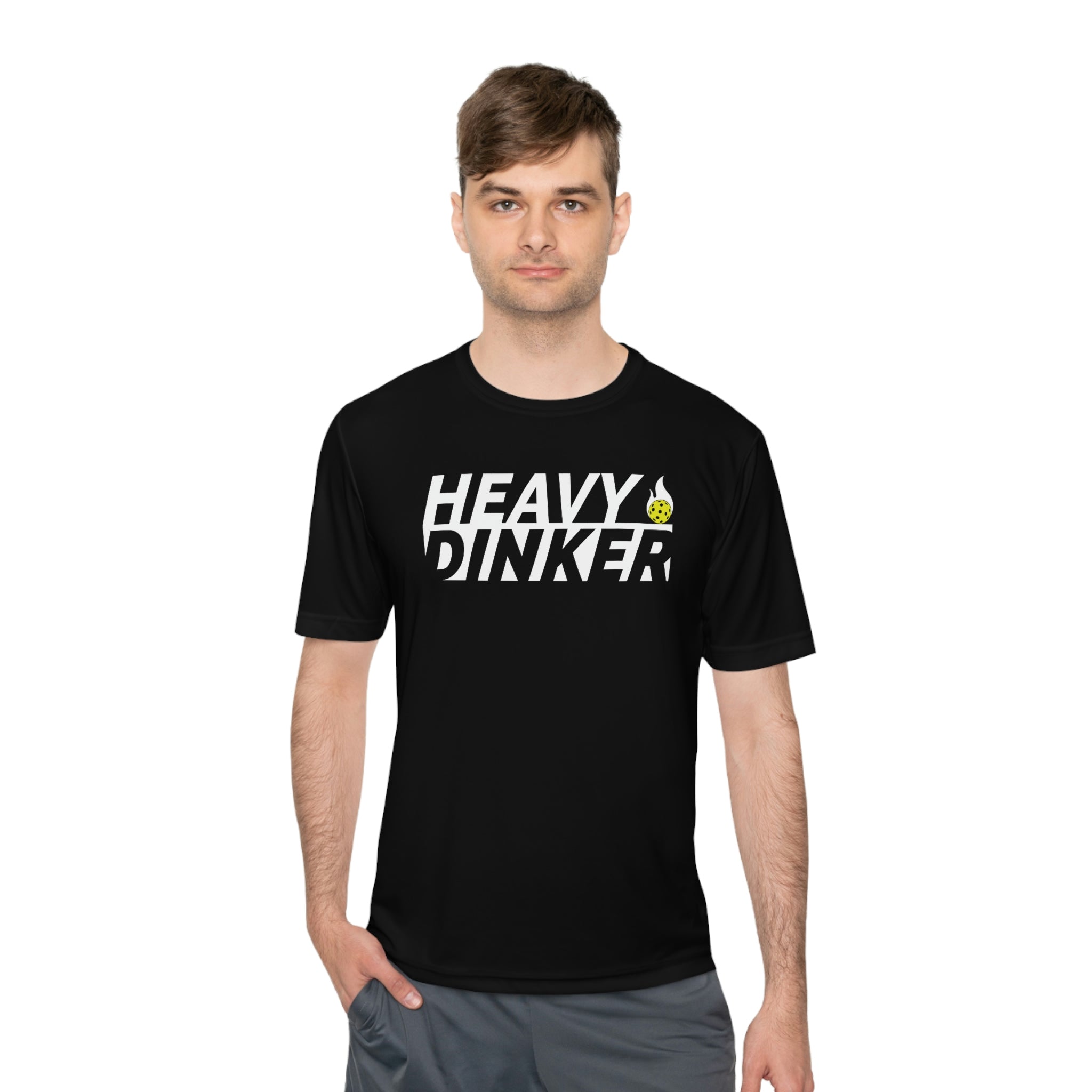 mean wearing black heavy dinker men's athletic pickleball apparel shirt front view