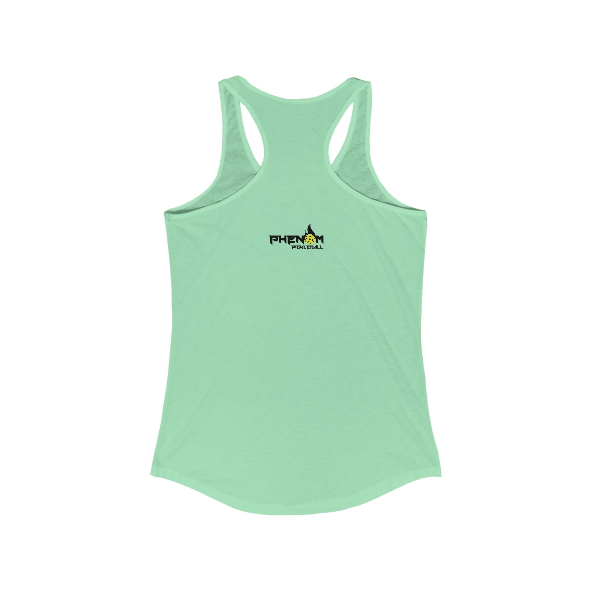 mint green just here for the dinks and giggles women's racerback tank top pickleball apparel phenom logo back view