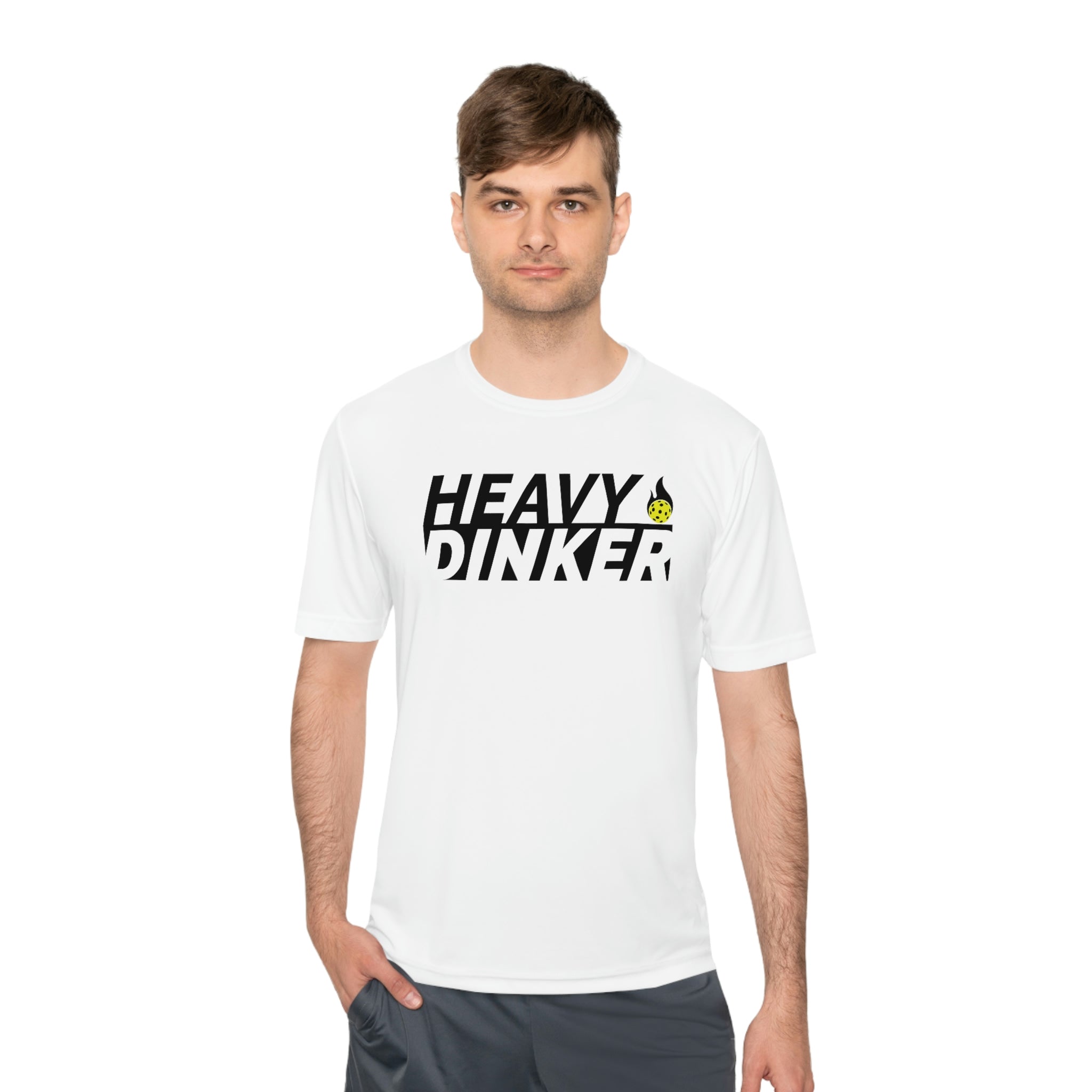 man wearing white heavy dinker men's athletic pickleball apparel shirt front view
