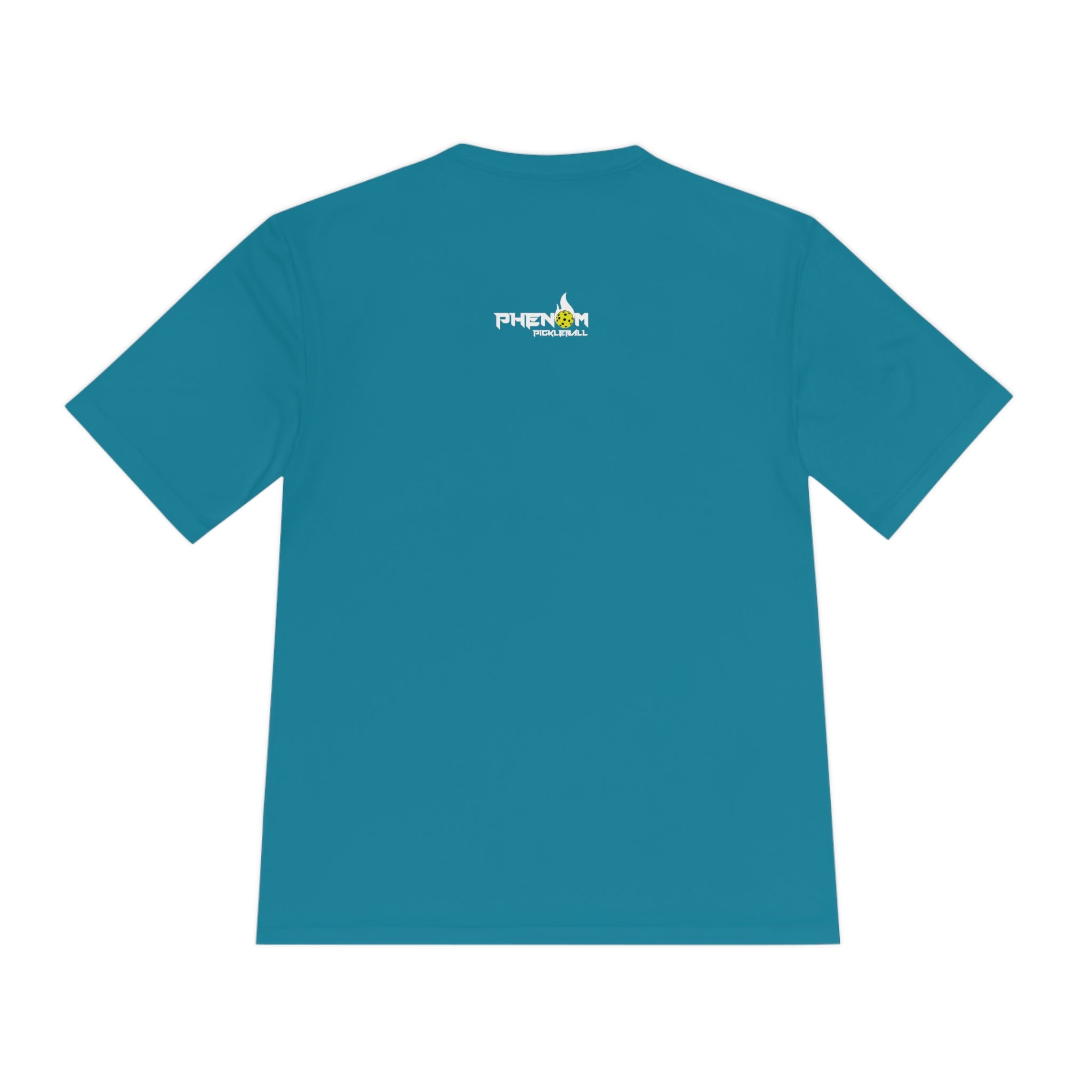 aqua blue heavy dinker men's athletic pickleball apparel shirt phenom logo back view