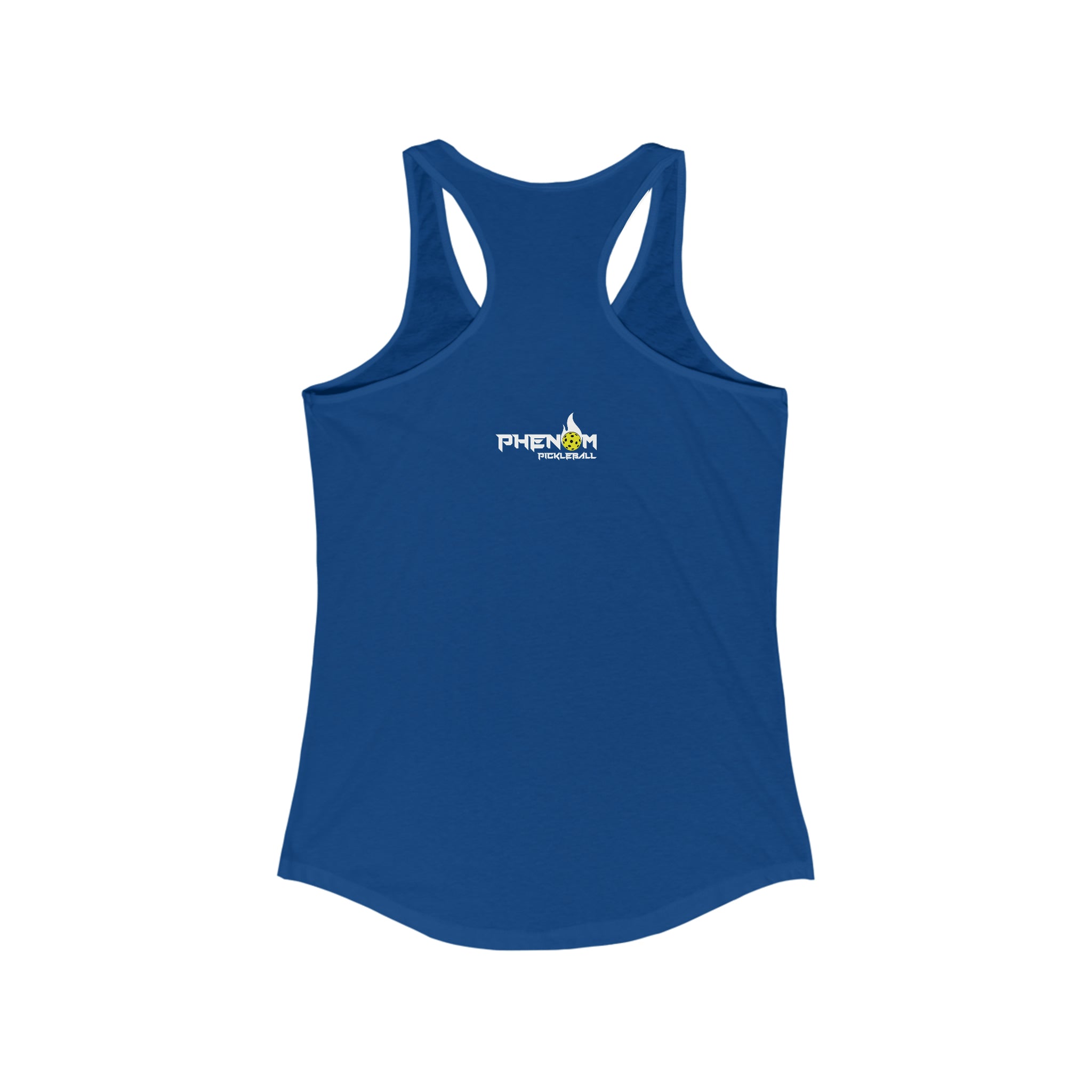 royal blue just here for the dinks and giggles women's racerback tank top pickleball apparel phenom logo back view