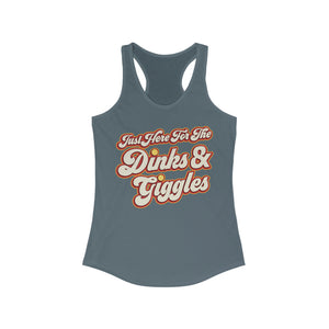 dark gray just here for the dinks and giggles women's racerback tank top pickleball apparel front view