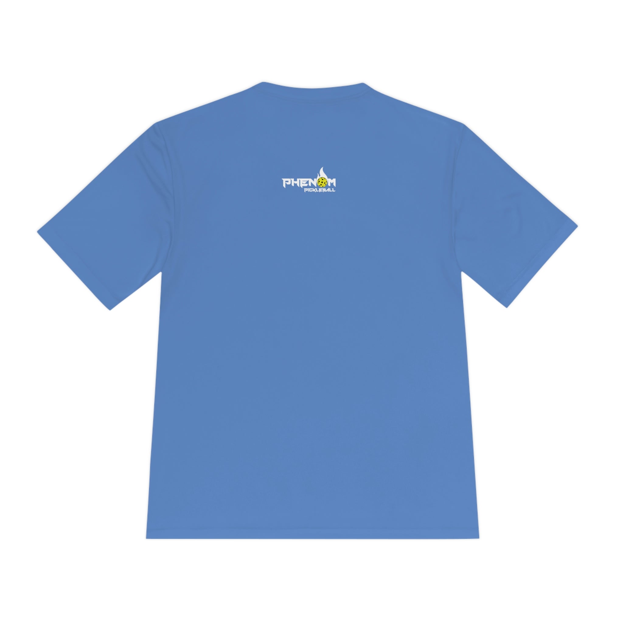 light blue heavy dinker men's athletic pickleball apparel shirt phenom logo back view