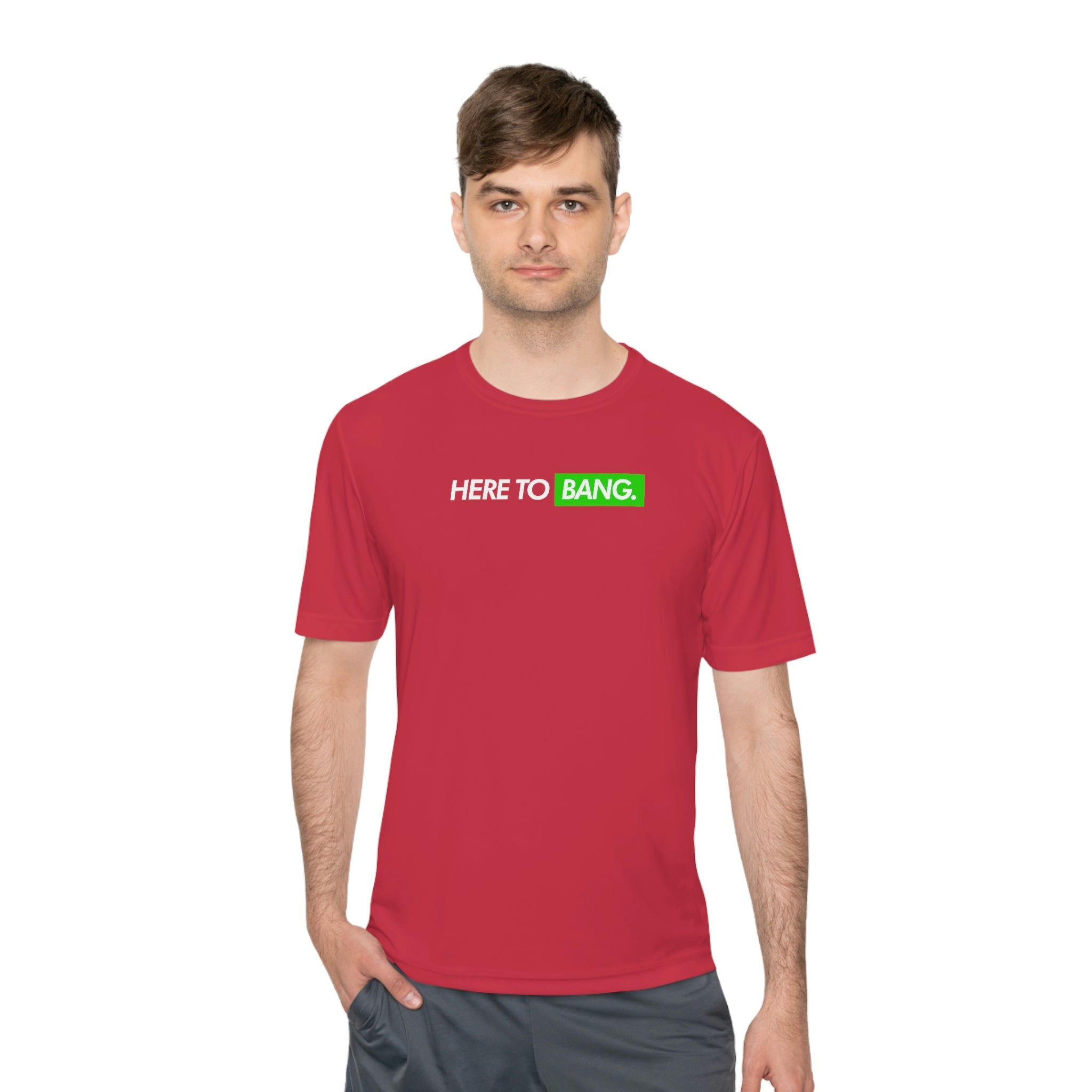 man wearing red here to bang men's athletic pickleball apparel shirt front view