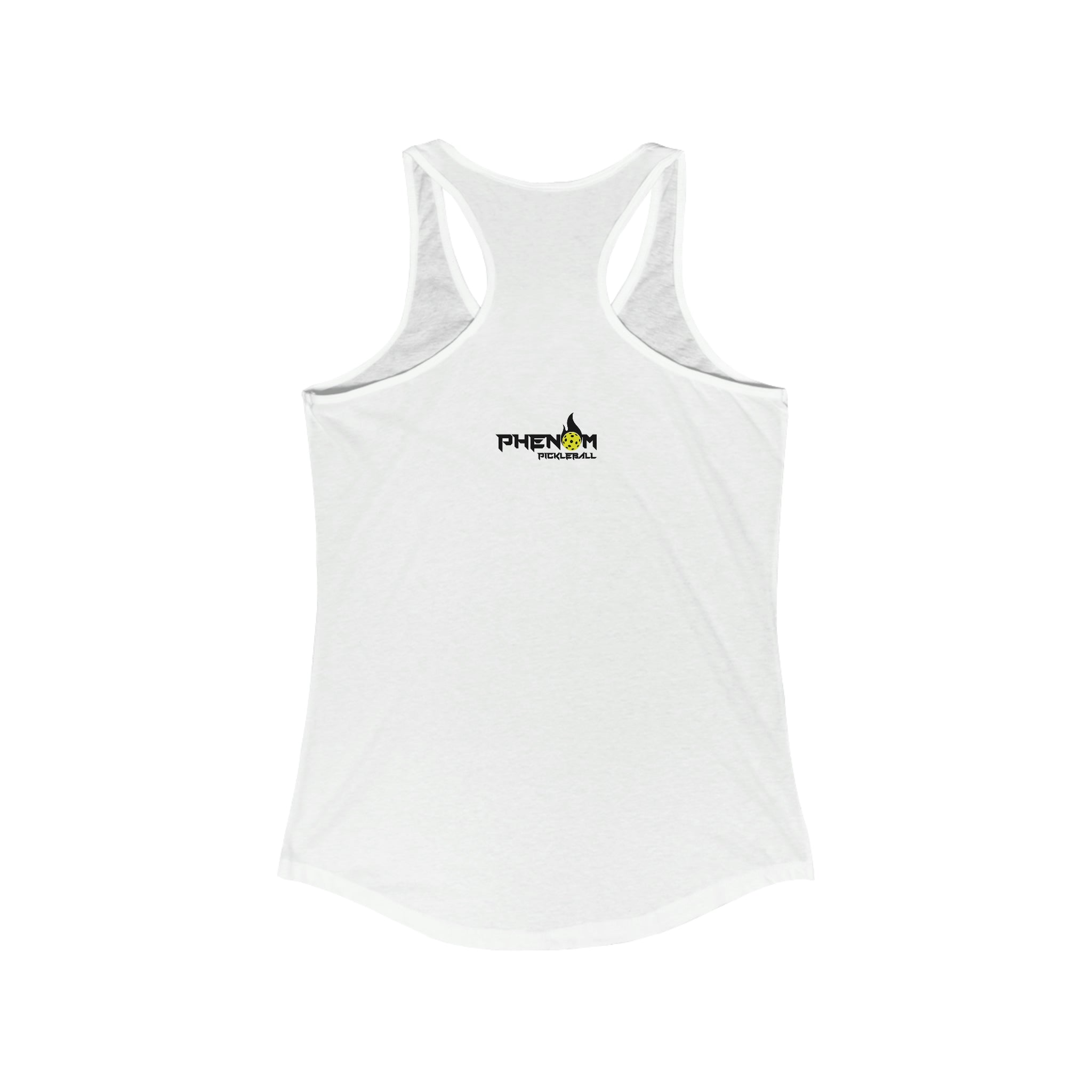white just here for the dinks and giggles women's racerback tank top pickleball apparel phenom logo back view