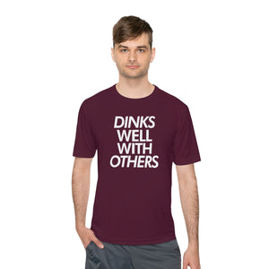 man wearing dark maroon burgundy dinks well with others athletic performance pickleball shirt apparel front view