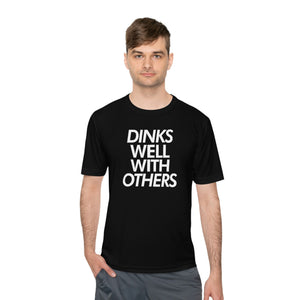 man wearing black dinks well with others athletic performance pickleball shirt apparel front view