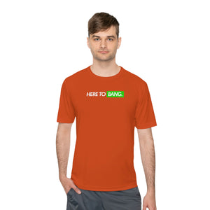 man wearing orange here to bang men's athletic pickleball apparel shirt front view