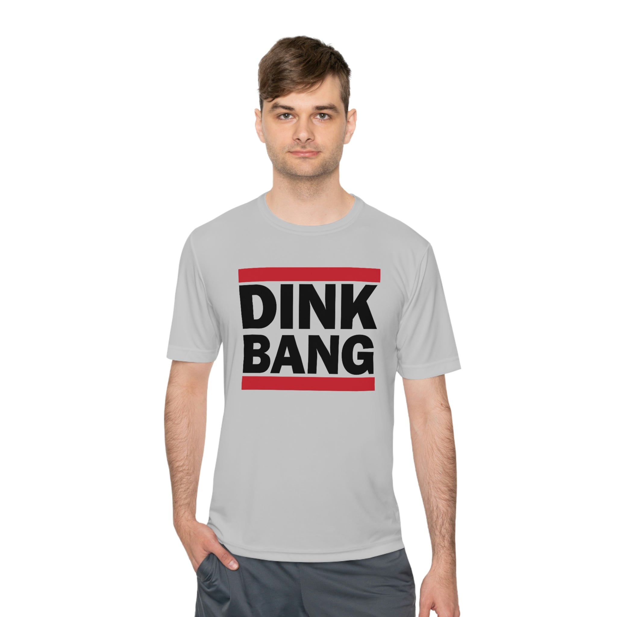 man wearing light gray dink bang run dmc performance athletic pickleball shirt apparel front view