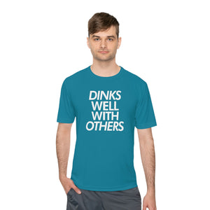man wearing aqua blue dinks well with others athletic performance pickleball shirt apparel front view