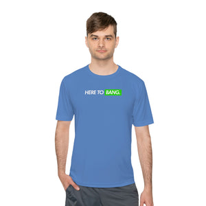 man wearing light blue here to bang men's athletic pickleball apparel shirt front view