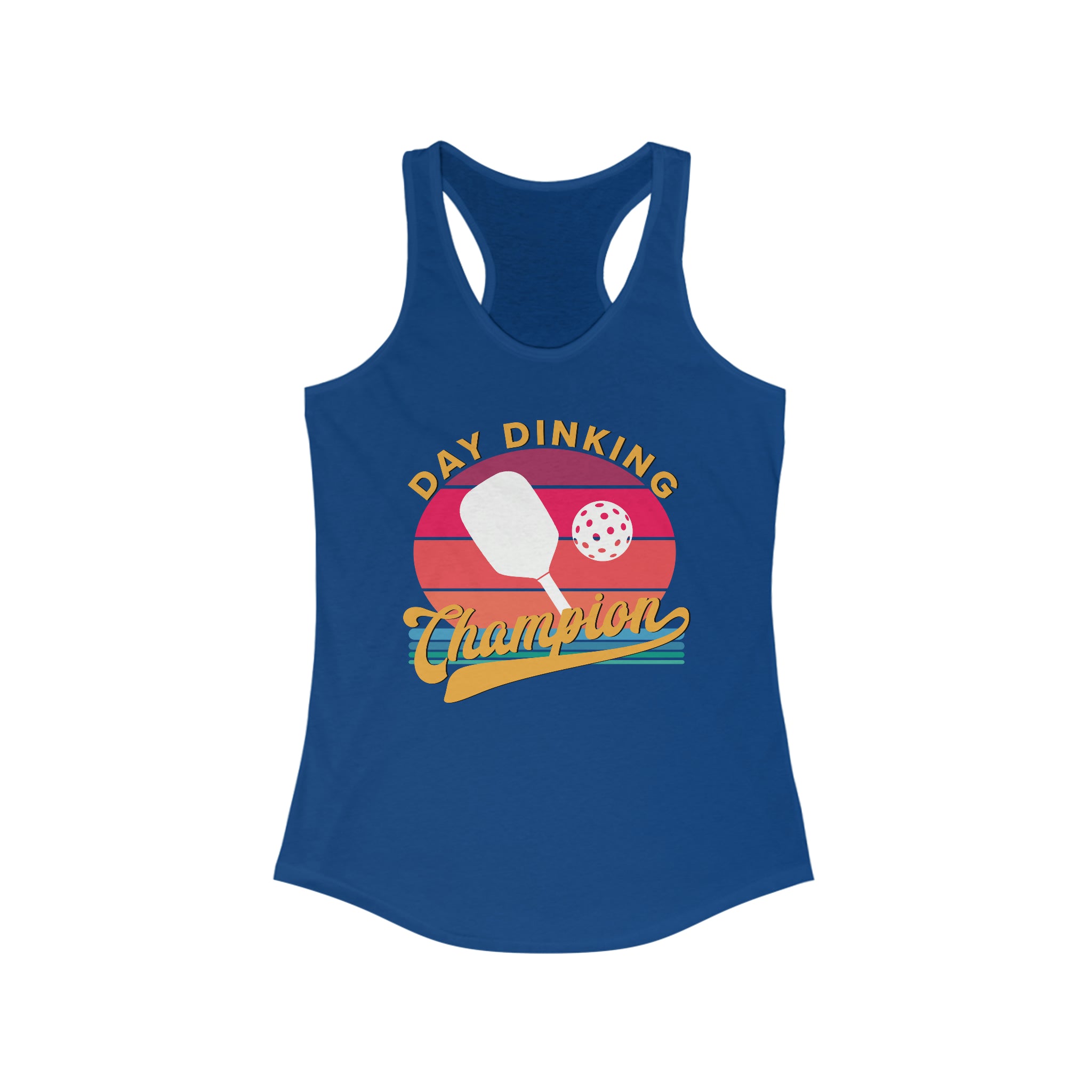 royal blue day dinking champion retro inspired pickleball apparel women's racerback tank top front view