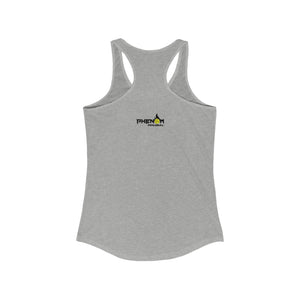 heather gray just here for the dinks and giggles women's racerback tank top pickleball apparel phenom logo back view