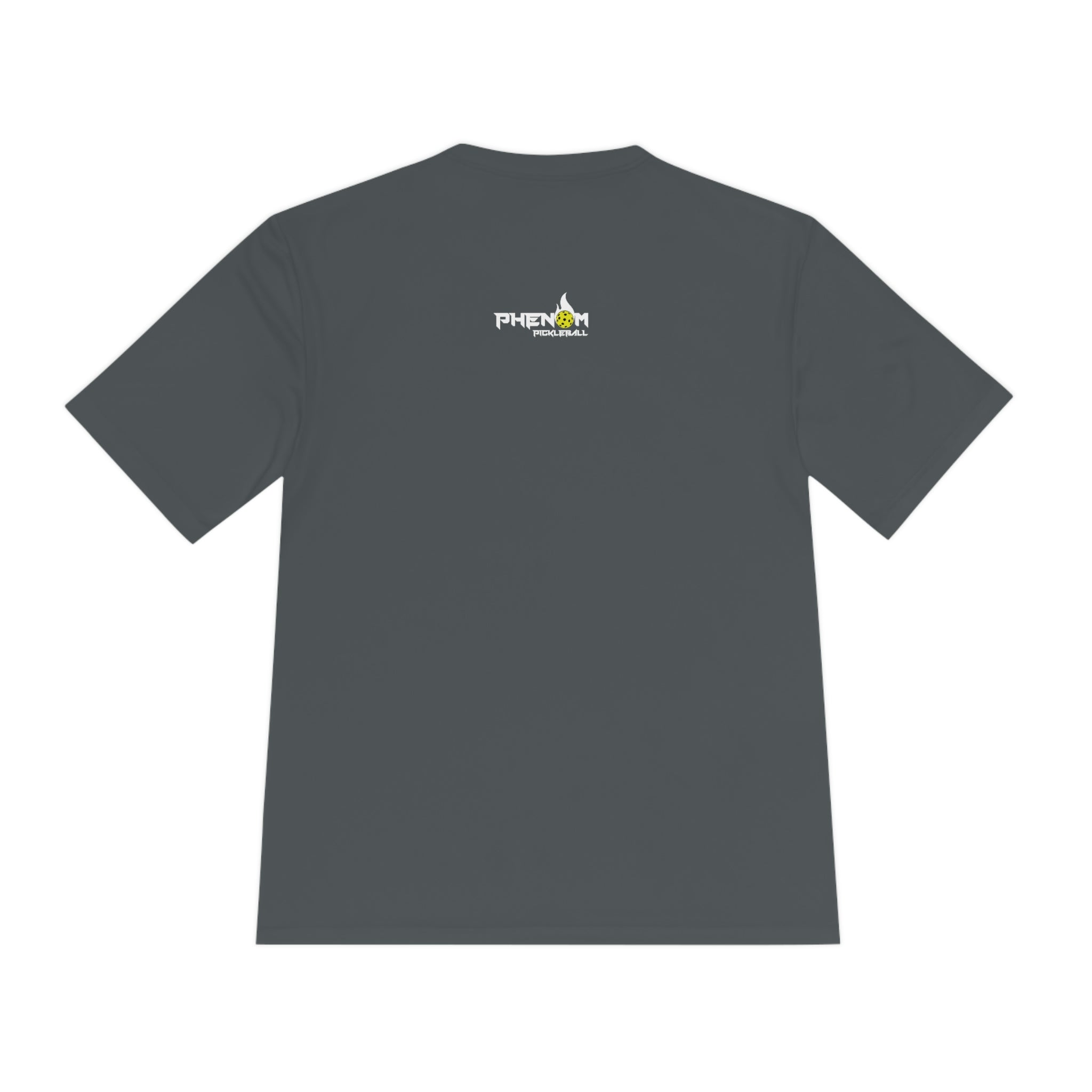 dark gray heavy dinker men's athletic pickleball apparel shirt phenom logo back view