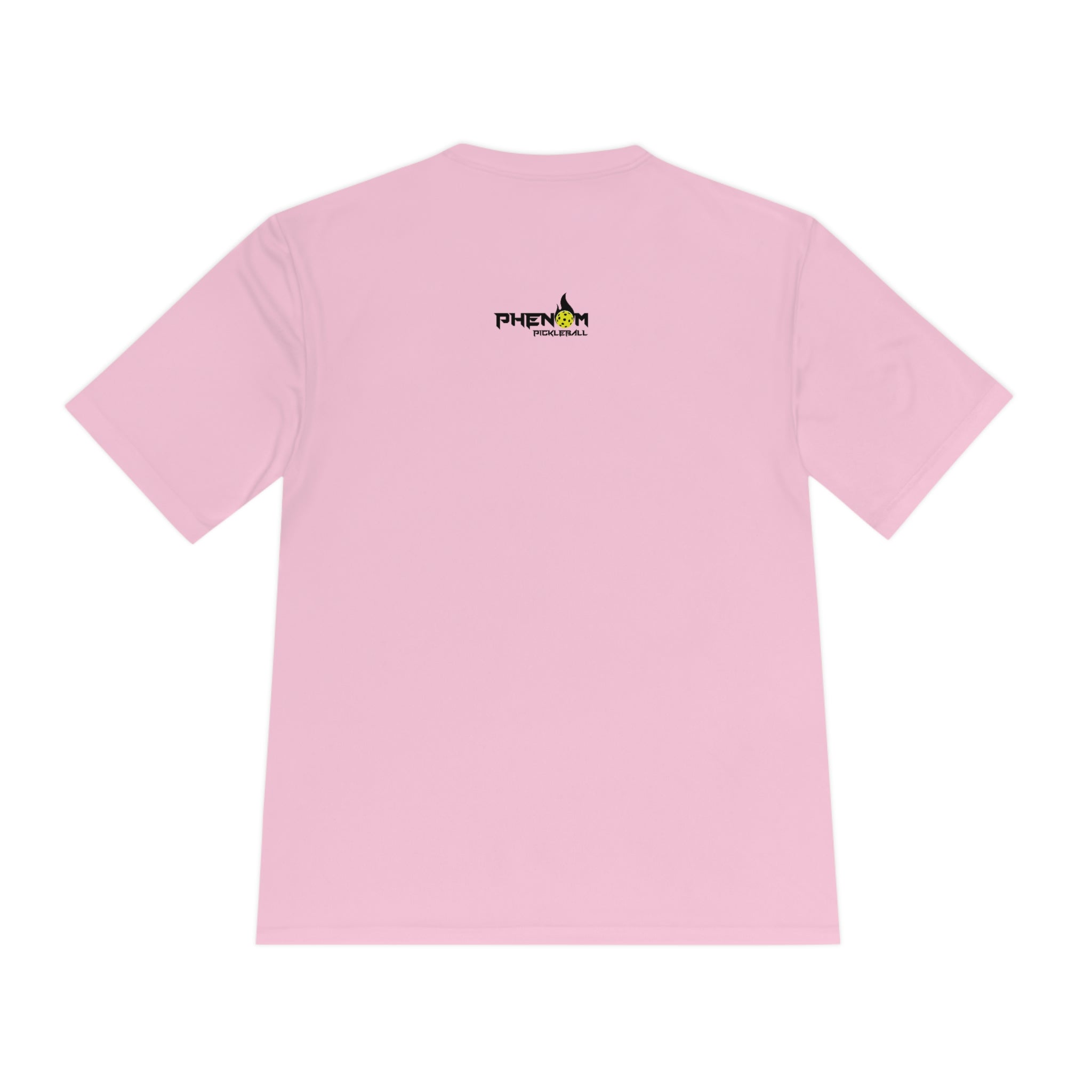 light pink heavy dinker men's athletic pickleball apparel shirt phenom logo back view
