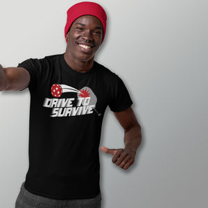 smiling man with red beanie wearing black drive to survive pickleball shirt apparel front view