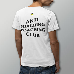 man wearing anti poaching poaching club pickleball apparel shirt white back view