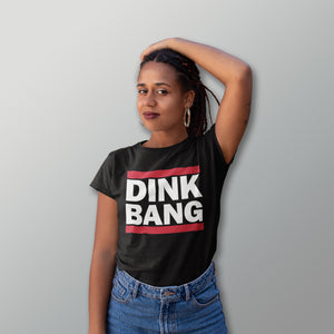 woman wearing black dink bang run dmc inspired pickleball shirt apparel front view