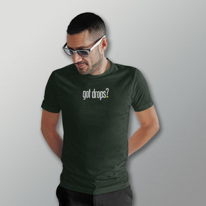 man with sunglasses wearing forest green got drops pickleball shirt apparel front view