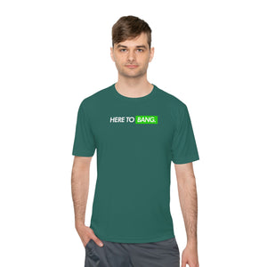 man wearing dark teal green here to bang men's athletic pickleball apparel shirt front view