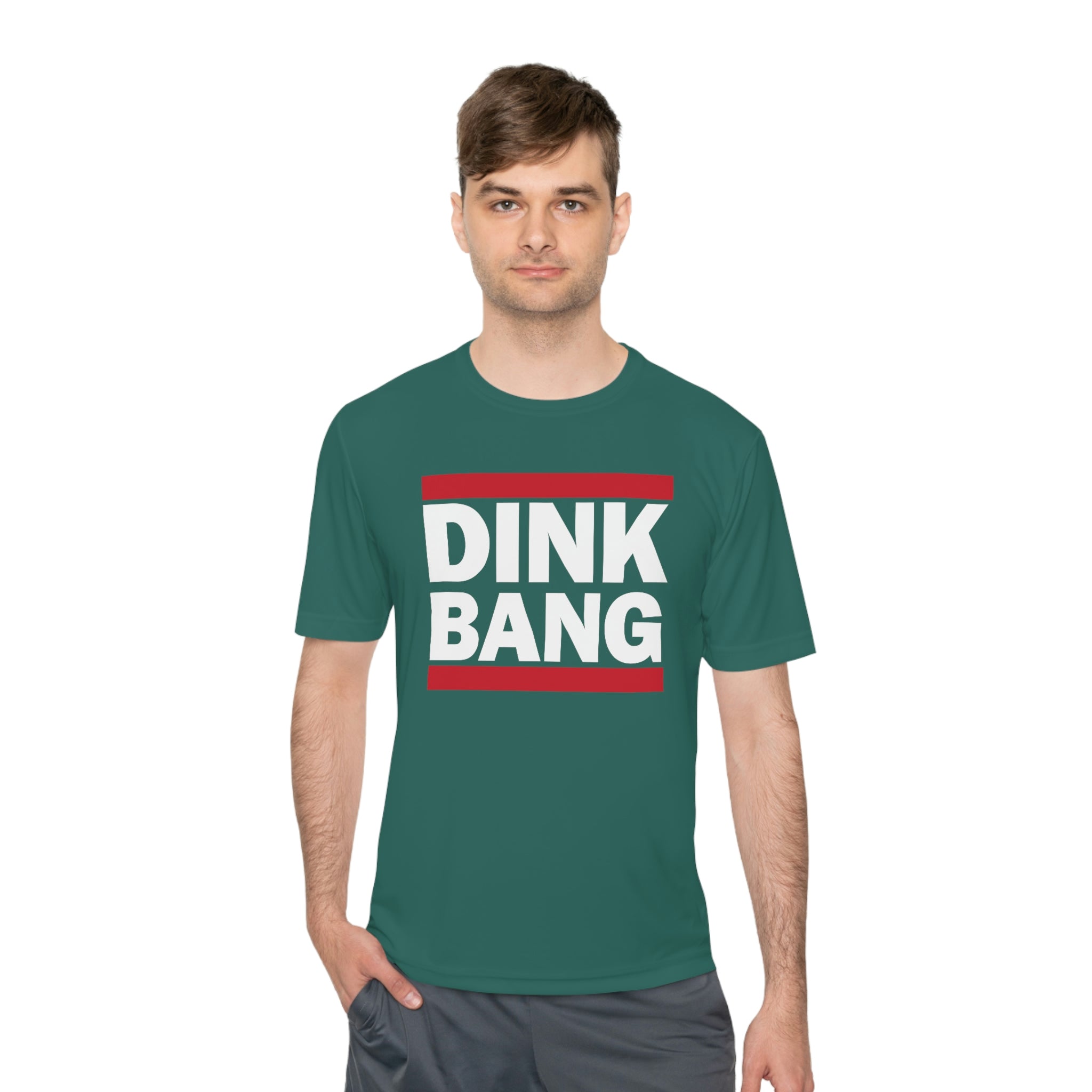 man wearing teal green dink bang run dmc performance athletic pickleball shirt apparel front view