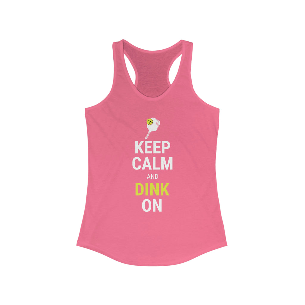 light pink keep calm and dink on women's racerback pickleball apparel tank top performance shirt athletic top front view