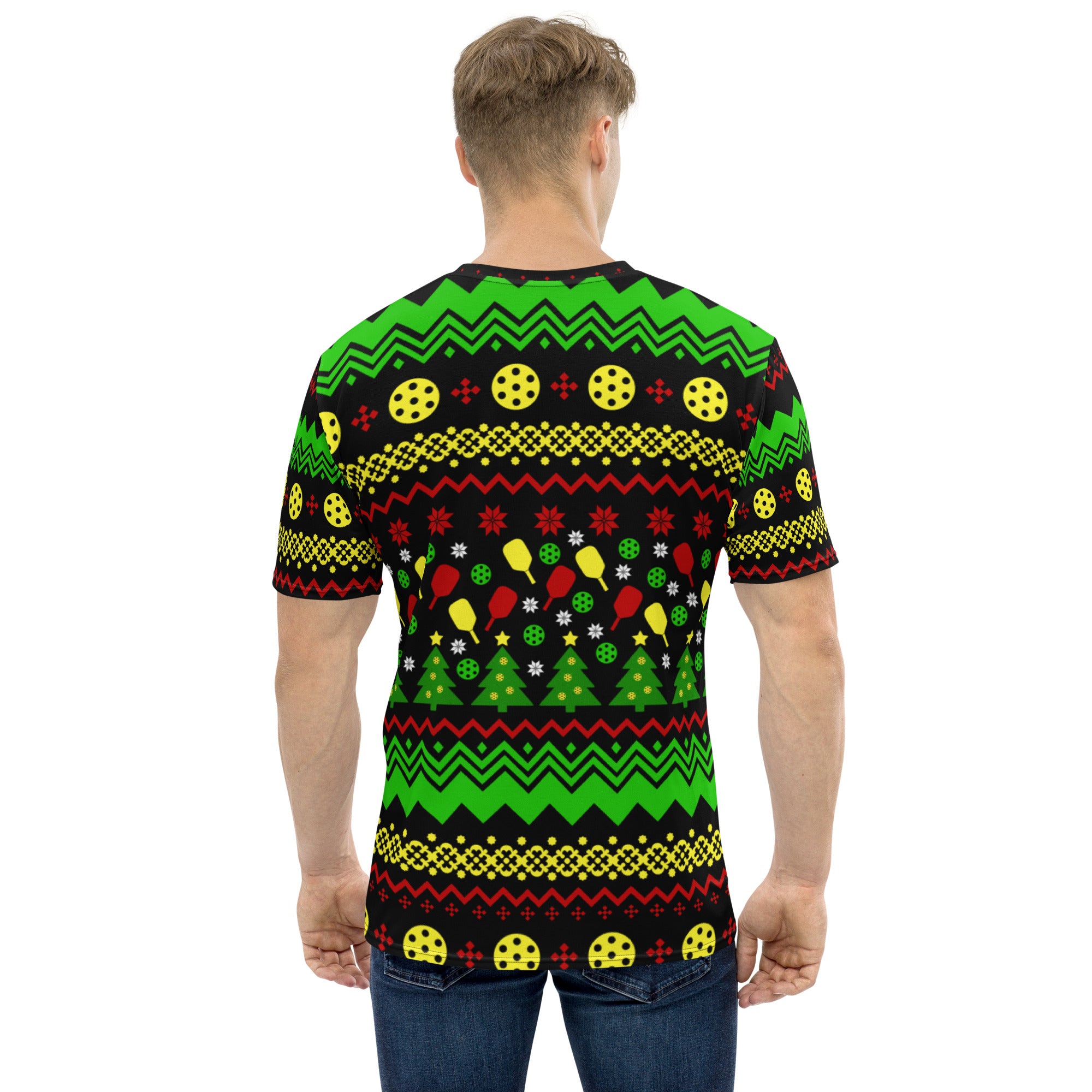 man wearing eat dink and be merry ugly christmas sweater pickleball shirt performance apparel back view