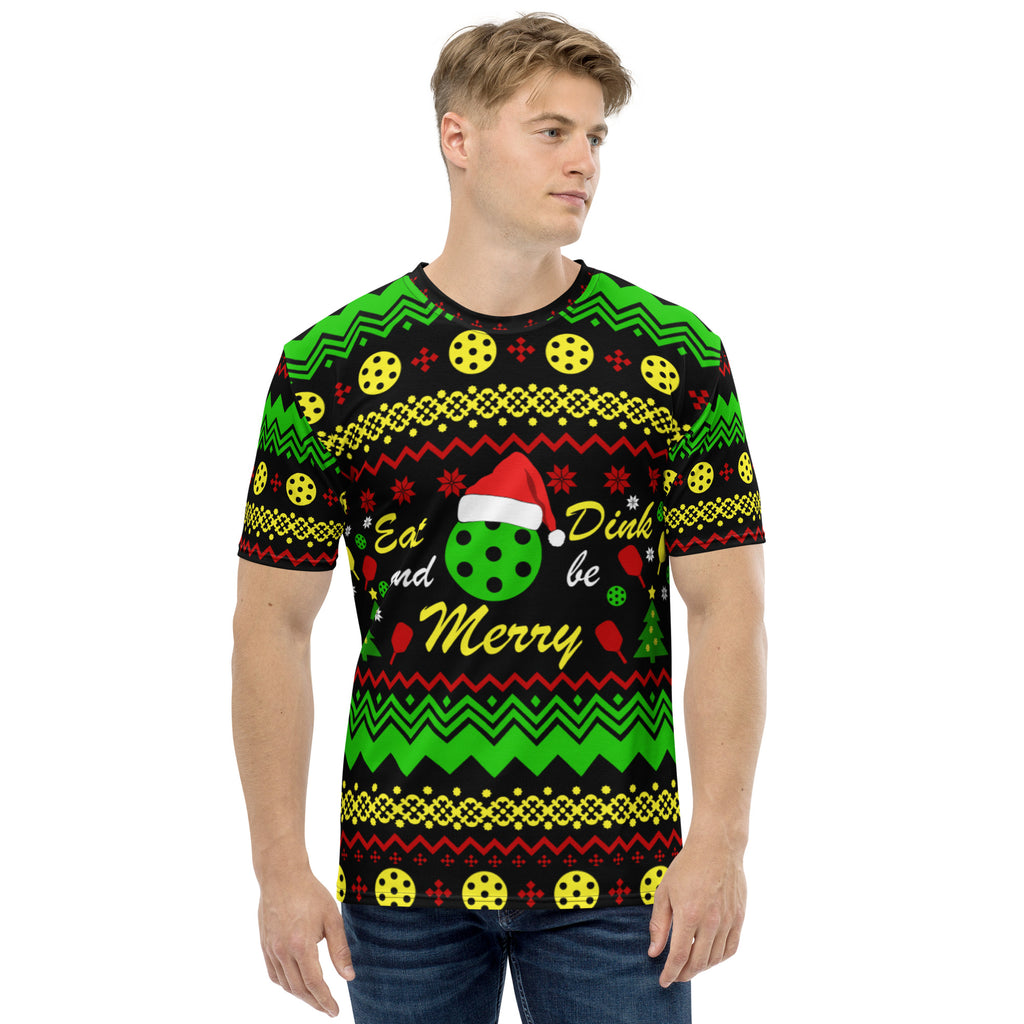 man wearing eat dink and be merry ugly christmas sweater pickleball shirt performance apparel front view