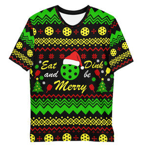 eat dink and be merry ugly christmas sweater pickleball shirt performance apparel front view flat