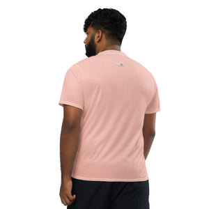 man wearing pink match point pickleball shirt performance apparel athletic top phenom logo back view