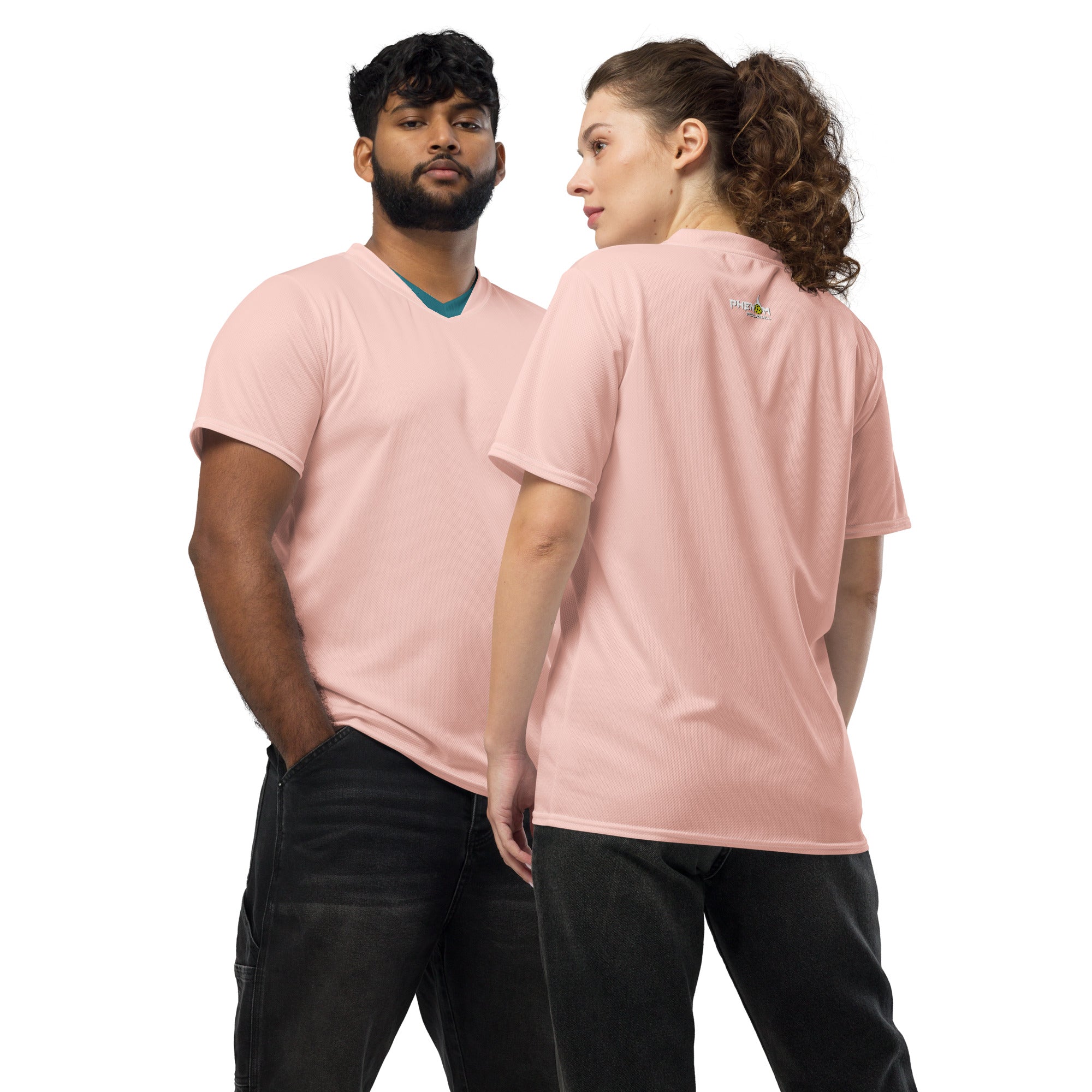couple wearing pink match point pickleball shirt performance apparel athletic top phenom logo front view