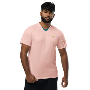man in black pants wearing pink match point pickleball shirt performance apparel athletic top phenom logo front view