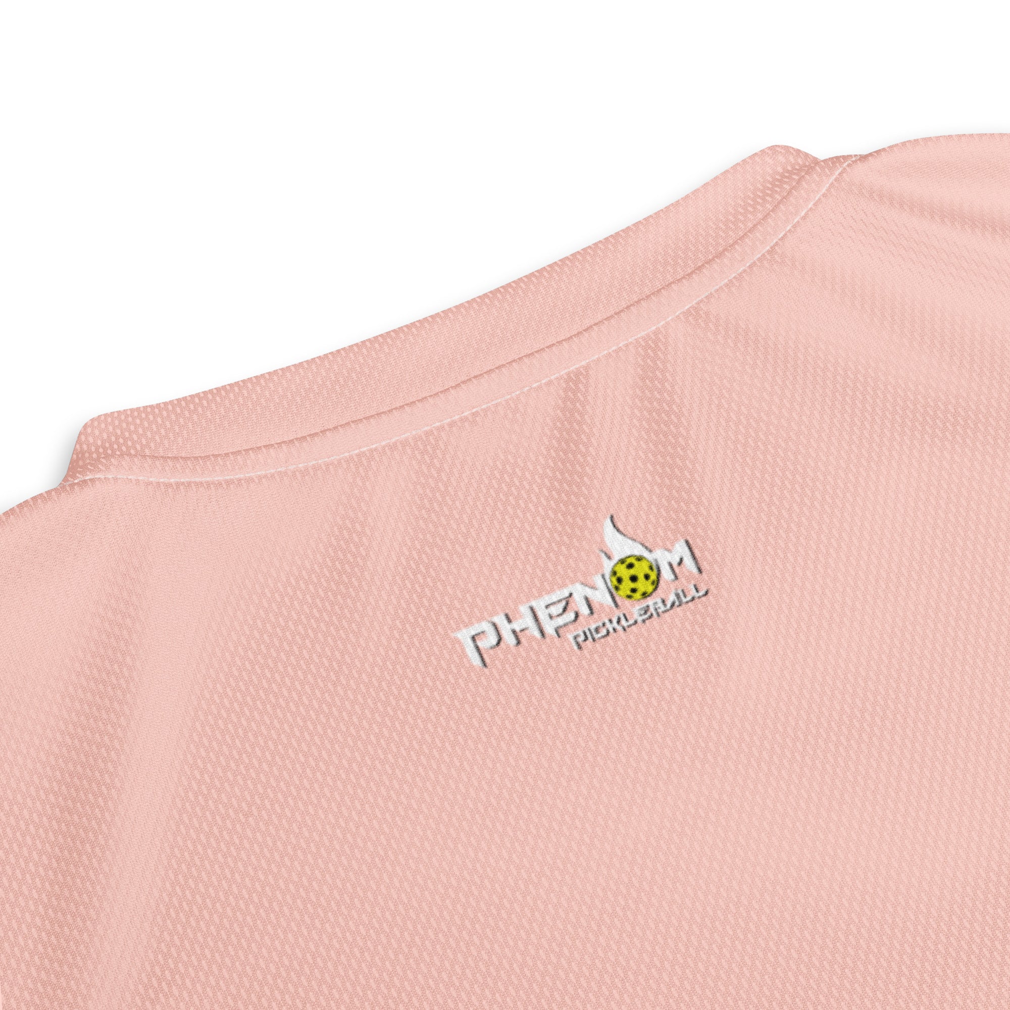 close up of logo pink match point pickleball shirt performance apparel athletic top phenom logo front view