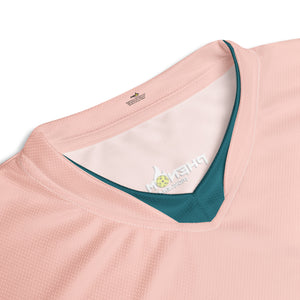 close up of collar pink match point pickleball shirt performance apparel athletic top phenom logo front view
