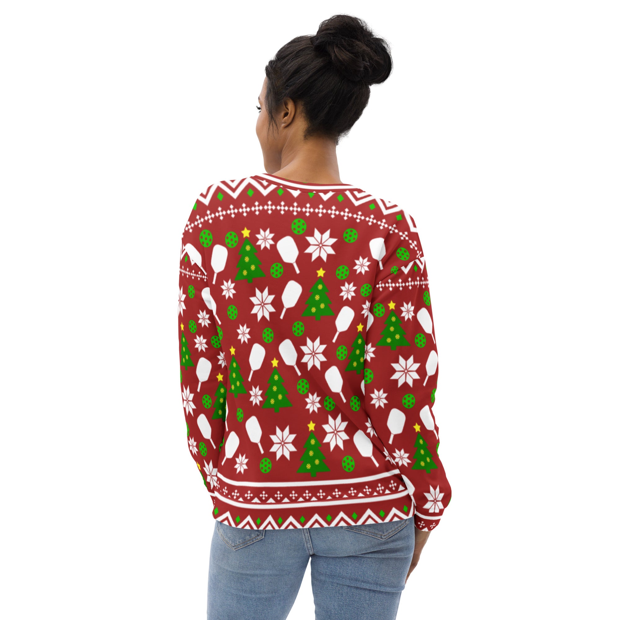 woman wearing ho ho ho pickleballs ugly christmas sweater pickleball apparel back view