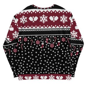 black white burgundy deck the halls with pickleballs ugly christmas sweater pickleball apparel back view