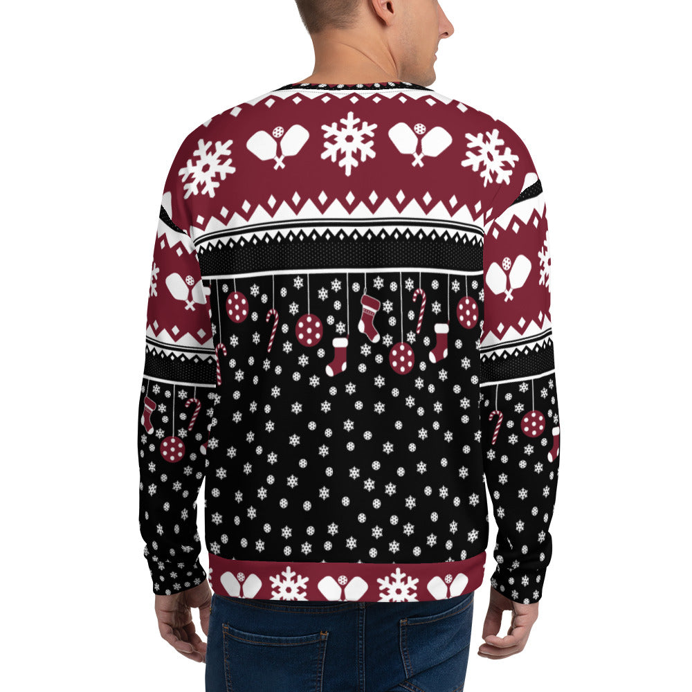 man wearing black white burgundy deck the halls with pickleballs ugly christmas sweater pickleball apparel back view