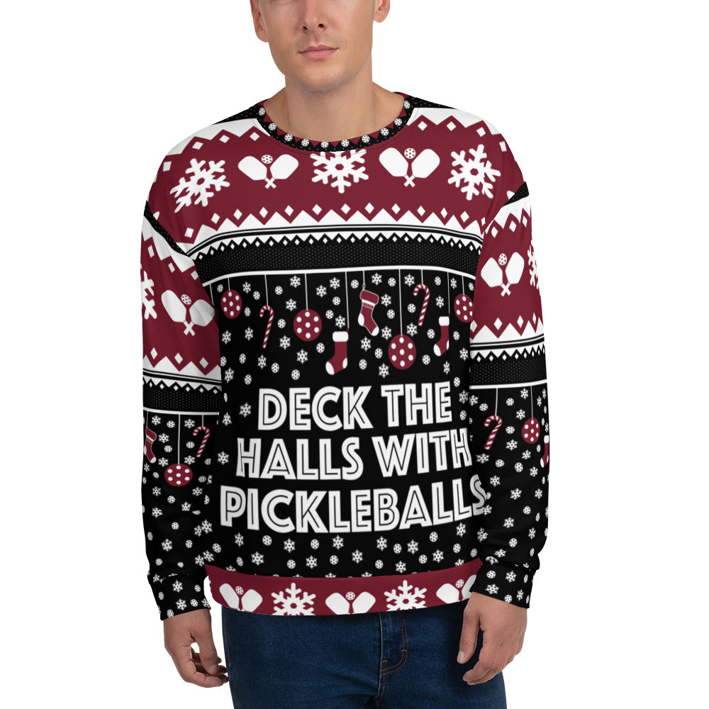 man wearing black white burgundy deck the halls with pickleballs ugly christmas sweater pickleball apparel front view