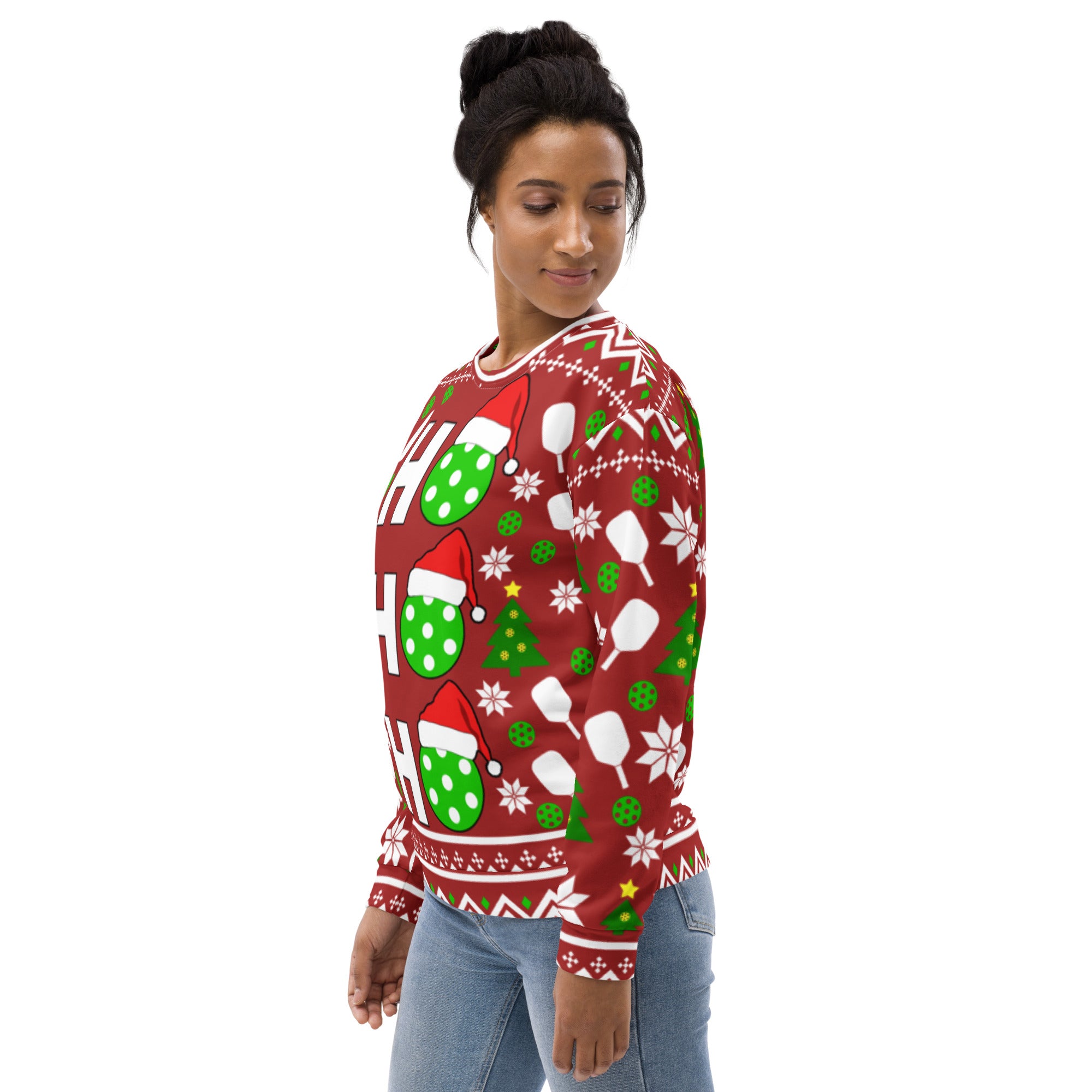 woman wearing ho ho ho pickleballs ugly christmas sweater pickleball apparel left front view