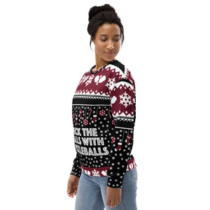 smiling woman wearing black white burgundy deck the halls with pickleballs ugly christmas sweater pickleball apparel left side view