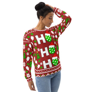 woman wearing ho ho ho pickleballs ugly christmas sweater pickleball apparel right front view