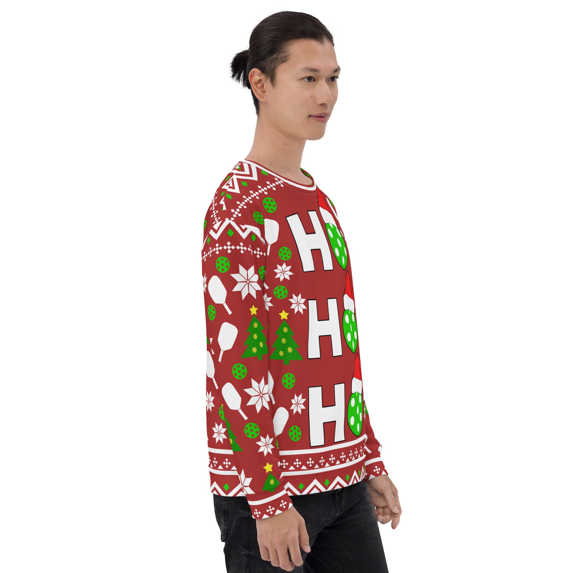 man wearing ho ho ho pickleballs ugly christmas sweater pickleball apparel right front view