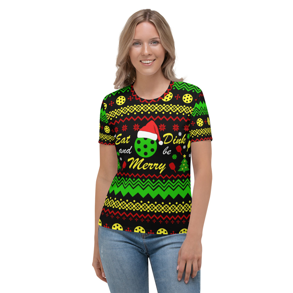 smiling woman in jeans wearing eat dink and be merry pickleball shirt athletic performance apparel front view