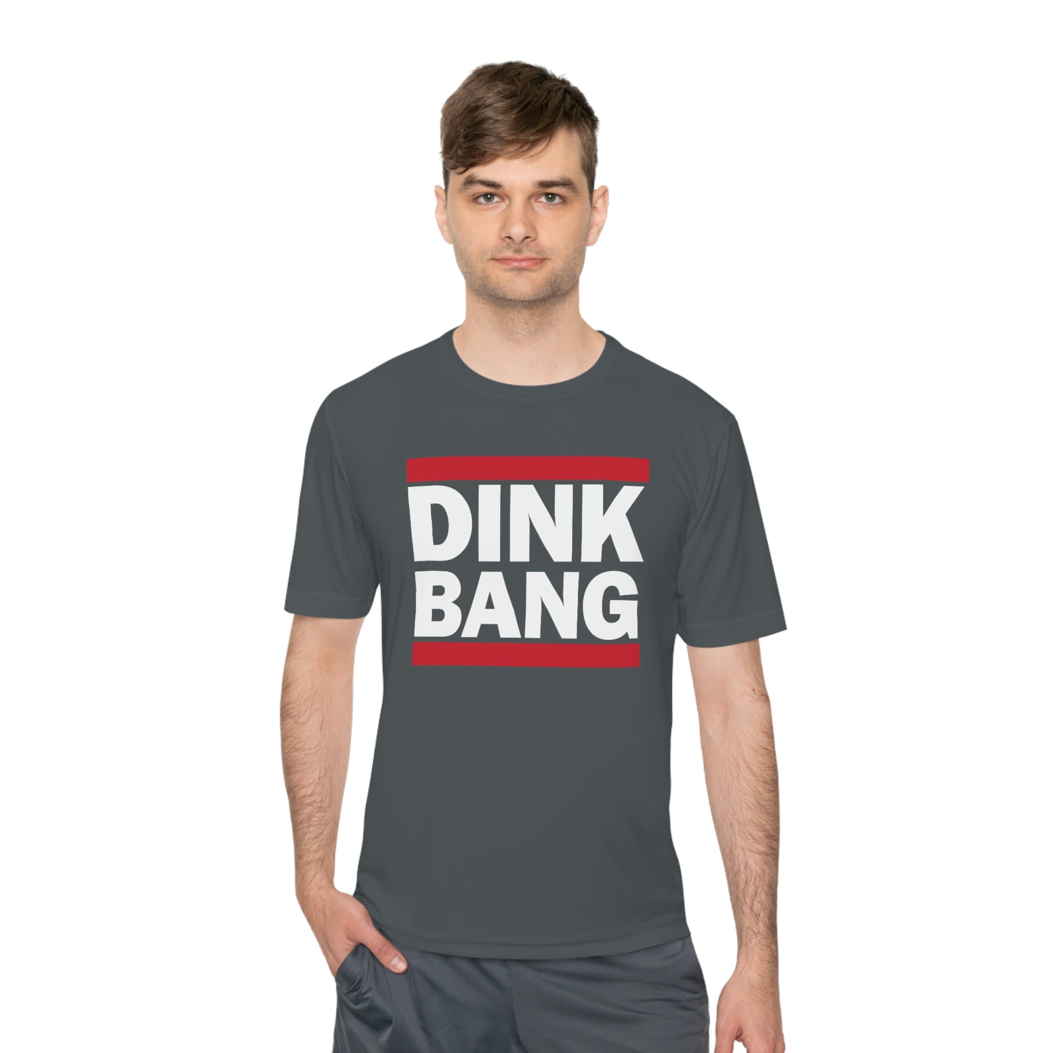 man wearing dark gray dink bang run dmc performance athletic pickleball shirt apparel front view