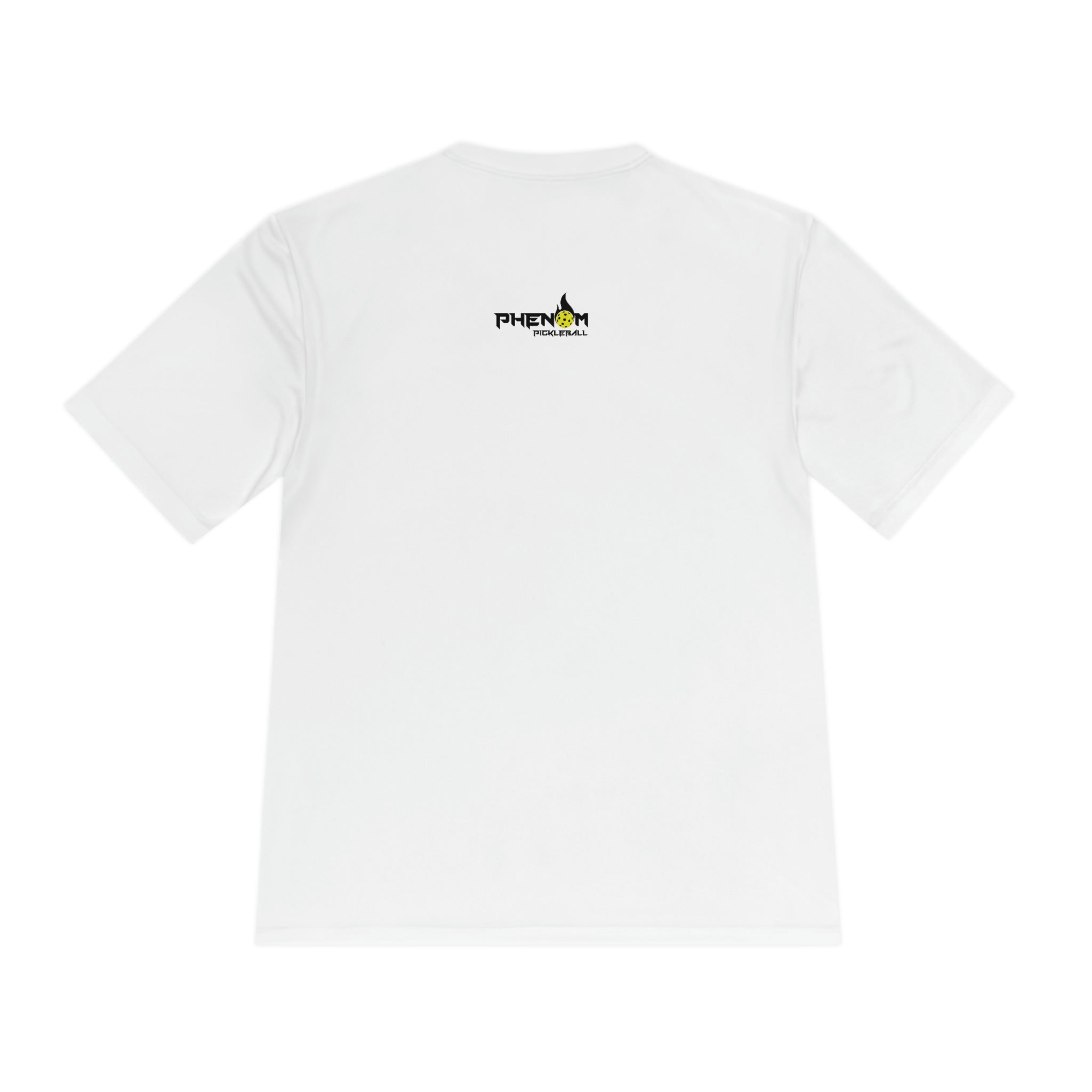 white heavy dinker men's athletic pickleball apparel shirt phenom logo back view
