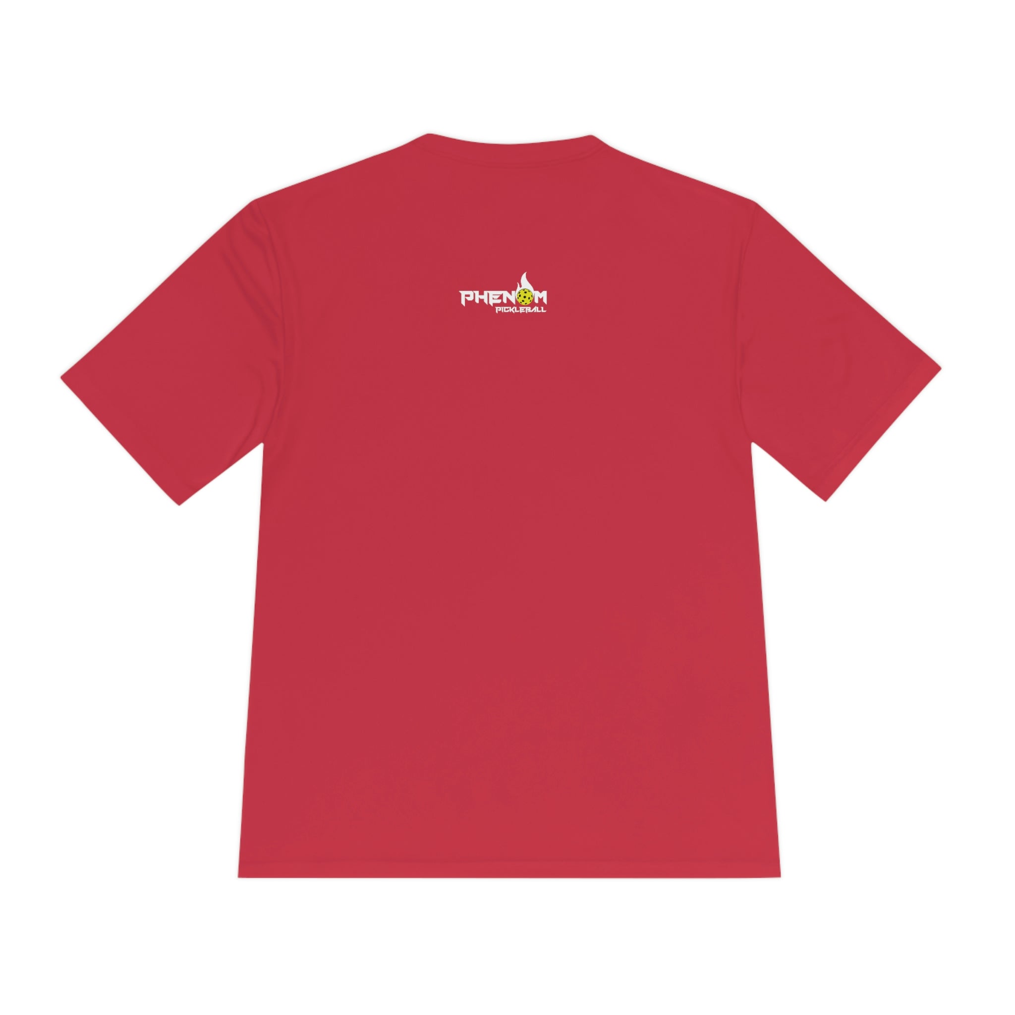 red heavy dinker men's athletic pickleball apparel shirt phenom logo back view