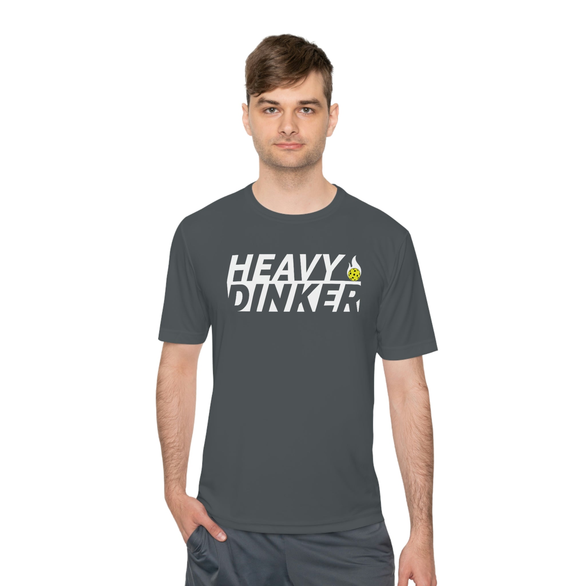 man wearing dark gray heavy dinker men's athletic pickleball apparel shirt front view