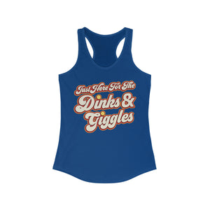 royal blue just here for the dinks and giggles women's racerback tank top pickleball apparel front view